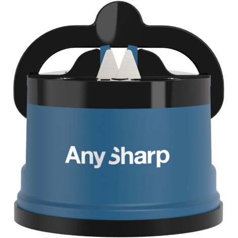 AnySharp Affilacoltelli, Sicurezza Mani Libere, Potente Suzione PowerGrip, Affila Sicuramente Tutti i Coltelli da Cucina, Ideale per Acciaio Temperato e Dentati, Il Migliore del Mondo, Blu (1/5)