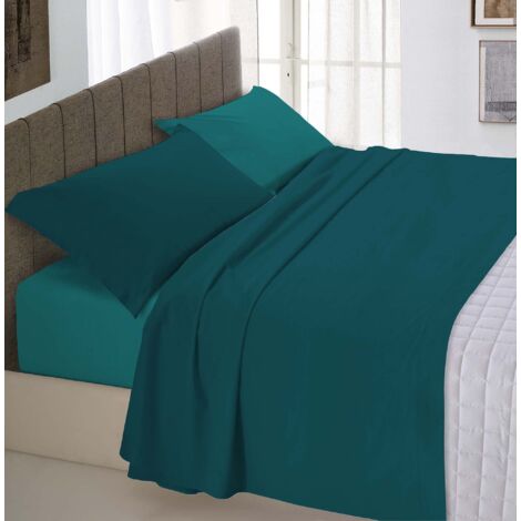 Set Lenzuola Letto Matromoniale Cotone Natural Color, lavorato in Italia - Completo Letto, Lenzuolo Sotto con Angoli, Telo Sopra 90x200cm e Federa con Patella Interna, Petrolio/bottiglia