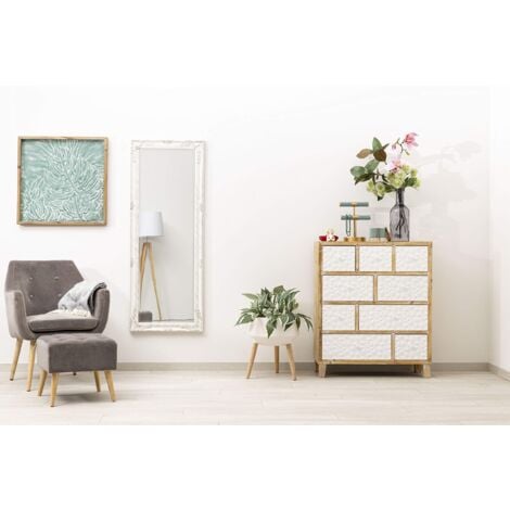 Baroni Home Specchio in Legno Bianco con Cornice Shabby, Specchiera da Parete Rettangolare per Camera da Letto, Bagno o Soggiorno, Specchio Shabby Bianco Anticato, 55x142 cm