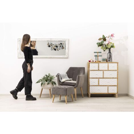 Baroni Home Specchio in Legno Bianco con Cornice Shabby, Specchiera da Parete Rettangolare per Camera da Letto, Bagno o Soggiorno, Specchio Shabby Bianco Anticato, 55x142 cm