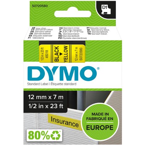 Dymo D1 Etichette Autoadesive per Stampanti LabelManager, Rotolo da 12 mm x 7 m, Stampa Nero su Giallo, 1 Pezzo