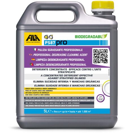 FILA Surface Care Solutions, PS87 PRO, Detergente Sgrassatore per Pulizia Pavimenti, Potere Decerante Smacchiante, Adatto a Gres Porcellanato Effetto Legno, 5L