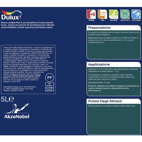 Dulux Lavabile Plus Pittura all'Acqua per Interni Lavabile per Tutti Gli Ambienti, 5 Litri, Bianco