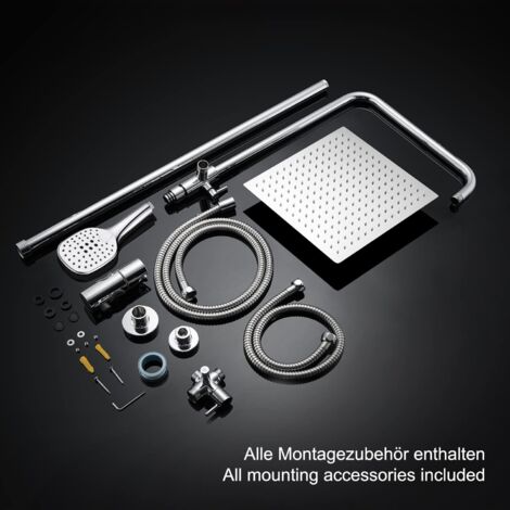 Set Doccia Completo Con Colonna 92 Cm E Soffione Quadrato 20 Cm In Acciaio Inox, Asta Regolabile 75-110 Cm, Doccetta Inclusa, Installazione Divisa