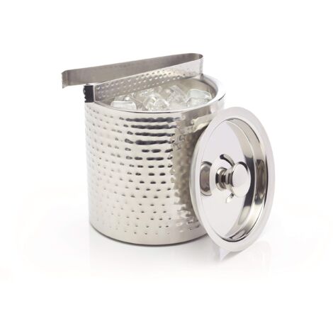 BarCraft Secchiello per il Ghiaccio con Pinze e Coperchio in Acciaio Inossidabile, Elegante Finitura Martellata, con Comodo Manico, Capacità 1.5 L (1/4)