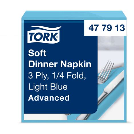 Tork 477913 Tovagliolo Dinner Soft azzurro Advanced, 3 veli,piegato in 4, 12 pacchi x 100 tovaglioli (1200pz), 39 cm (lungh.) x 39 cm (largh.) (1/4)
