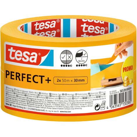 Tesa Nastro per Mascherature Perfect+ - Nastro da pittura in sottile carta Washi per mascherature precise durante la verniciatura - Per uso interno - 2x 50 m x 30 mm, Giallo