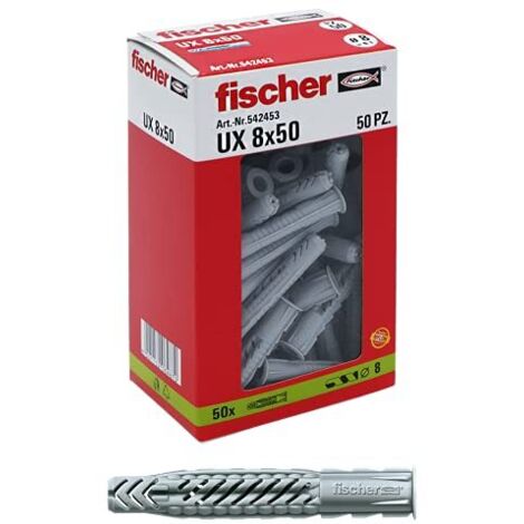 Fischer 542453 50 Tasselli per Muro Pieno, Mattone Forato, Cartongesso, 542453, Grigio, 8 x 50 mm