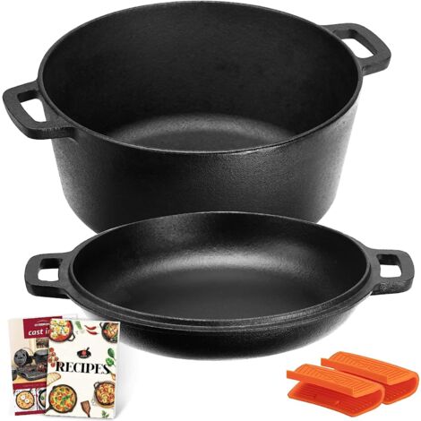 Overmont 2 in 1 Pentola Olandese In Ghisa - Padella Casseruola in Ghisa Pre-stagionato con Coperchio - Doppia Funzione Dutch Oven - per Campeggio Cucina Casalinga BBQ Bake - 4.73 L/ 5 Quart (1/5)