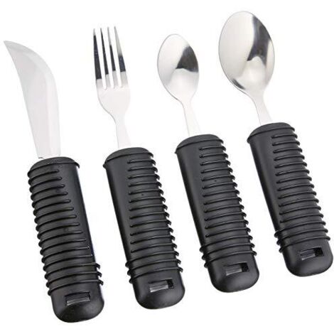 Gima - Set di 4 Posate a Presa Facile, Ideali per Anziani o Disabili, Forchetta, Coltello, Cucchiaio e Cucchiaino, Ampia Impugnatura Antiscivolo, in Gomma con Grip per Facilitare la Presa