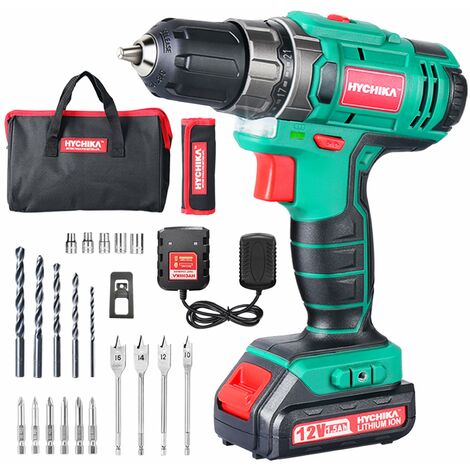 HYCHIKA Trapano Avvitatore Batteria 12V, 2 Velocità 21+1 Impostazione Della Coppia Massima di 30 Nm, 5x Punte Elicoidali, 20x Pezzi di Viti, Adatto Per Praticare Fori su Legno, Plastica e Metallo