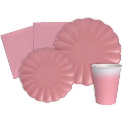 Kit Party Tavola Flower Shape per 24 persone (112 pezzi: 24 piatti Ø23cm, 24 piatti Ø18cm, 24 bicchieri 200ml, 40 tovaglioli 33x33cm) in carta compostabile eco-friendly,rosa antico (1/4)