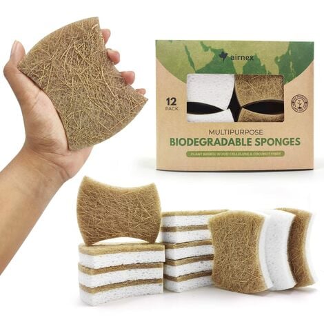 Spugna da cucina naturale biodegradabile – Spugna compostabile in cellulosa  e noce di cocco – Confezione da 12