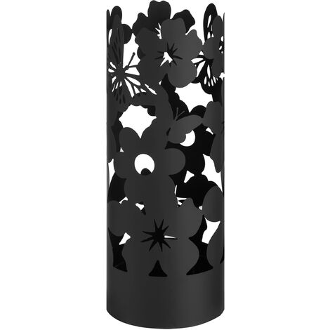 Baroni Home Portaombrelli Design Moderno Porta Ombrelli in Metallo Flowers con 2 Gancini e Vaschetta Scolapioggia Rimovibile 19X19X49 cm (Nero)