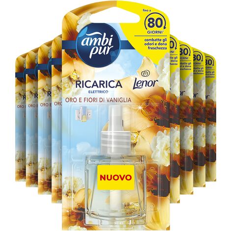 Ambi Pur Profumatore per Ambienti, 9 Ricariche per Diffusore Ambiente, Fragranza Lenor Oro e Fiori di Vaniglia, Deodorante Ambienti Elimina Odori, Fino a 80 Giorni di Profumo per Ricarica
