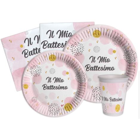 Kit Party Tavola Battesimo per 24 persone (112 pezzi: 24 piatti Ø23cm, 24 piatti Ø18cm, 24 bicchieri 200ml, 40 tovaglioli 33x33cm) in carta compostabile eco-friendly, rosa
