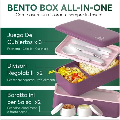 Umami Premium Bento Lunch Box per Adulti/Bambini con Vaschetta Condimento &  3 Posate, Porta Pranzo Ermetico a 2 Scomparti - Pasti A Ufficio/A Lavoro -  Zero Waste - Microonde e Lavastoviglie - No BPA