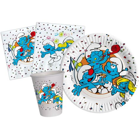 Kit Party Tavola Puffi per 8 persone (36 pezzi: 8 piatti Ø18cm, 8 bicchieri 200ml, 20 tovaglioli 33x33cm) in carta compostabile eco-friendly (1/5)