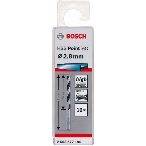 Bosch Accessories 2608577196 HSS PointTeQ (2,8 x 33 x 61 mm) - Set da 10 Pezzi di Punte Elicoidali per Trapano per Metallo, Acciaio, Fusione o Plastica, Grigio (Argento), Ø 2.8 mm