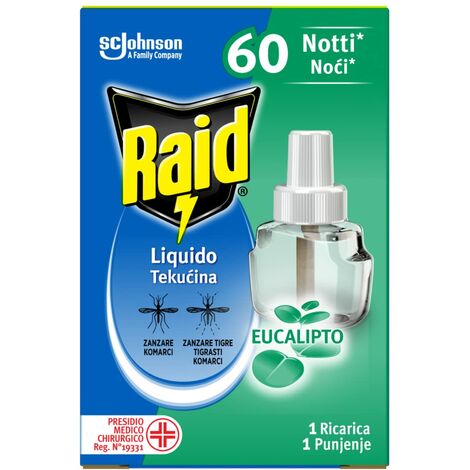 Raid Liquido Elettrico Antizanzare Comuni e Tigre, Ricarica, Fragranza all'Eucalipto, 1 Confezione da 1 Ricarica da 36ml, 60 Notti (1/4)