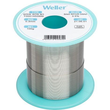 Weller WSW SCN M1 (T0051402899) Filo Saldante, Ø 0.3mm, 100g, Lega Sn99.3Cu0.6Ni0.05, Contenuto di Fondente 3,5% (1/5)