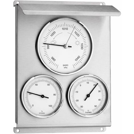 TFA Dostmann Stazione meteorologica analogica per esterni, 20.2010.60, con barometro, igrometro e termometro, in acciaio inox, resistente alle intemperie, argento