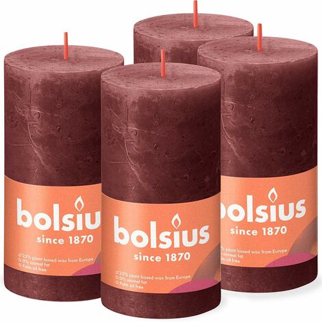 BOLSIUS Candela rustica a pilastro - Rosso scuro - 13 x 7 cm - confezione da 4 - lunga durata di 60 ore - non profumate - cera vegana naturale - senza olio di palma