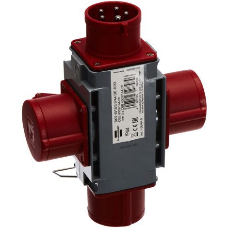 Brennenstuhl 1081640 Adattatore distributore di Corrente IP44 (1 Spina 3 Prese CEE 400 V/16 A) per Cantieri, Grigio, Rosso