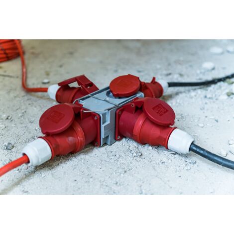 Brennenstuhl 1081640 Adattatore distributore di Corrente IP44 (1 Spina 3 Prese CEE 400 V/16 A) per Cantieri, Grigio, Rosso