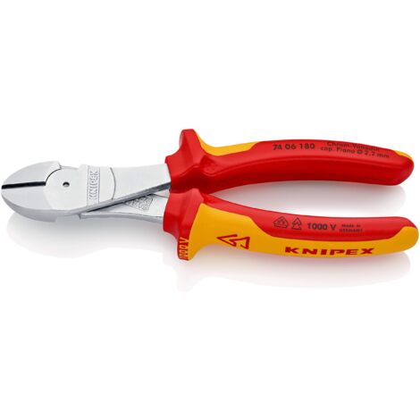 KNIPEX 74 06 180 Tronchese laterale per meccanica tipo "forte" isolati con manici rivestiti in materiale bicomponente, collaudati VDE cromata 180 mm