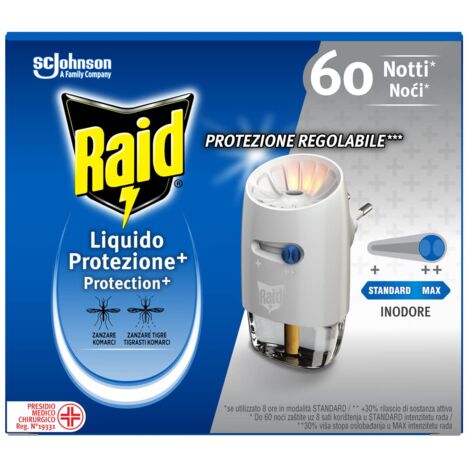 Raid Liquido Elettrico Protezione+ Antizanzare Comuni e Tigre, Inodore, Protezione Regolabile, Confezione da 1 Diffusore e 1 Ricarica 36ml, 60 Notti