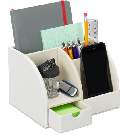 Relaxdays Portaoggetti da Scrivania, Similpelle, Organizer Ufficio & Studio, 4 Scomparti, Portapenne,13x19x15 cm, bianco