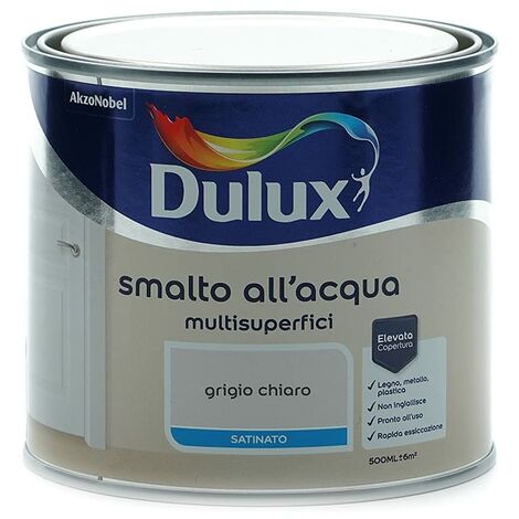 Dulux Smalto Satinato all'Acqua per Metallo Plastica e Legno Pronto all'Uso per Esterni e Interni, 0.5 Litri, Grigio Chiaro
