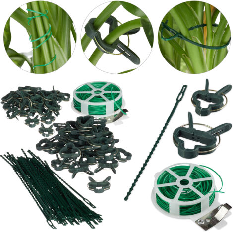 Relaxdays Clips per Piante, Set da 110, Mollette Stabili, Bobina con Taglierina, Sostegno per Orchidee, Pomodori, Verde