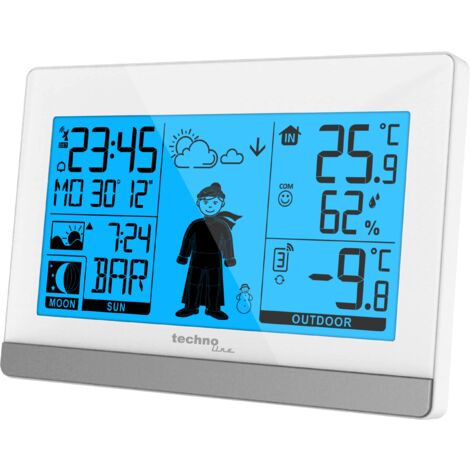 Technoline WS9612 in bianco, con temperatura interna ed esterna, previsioni meteo, orologio radio