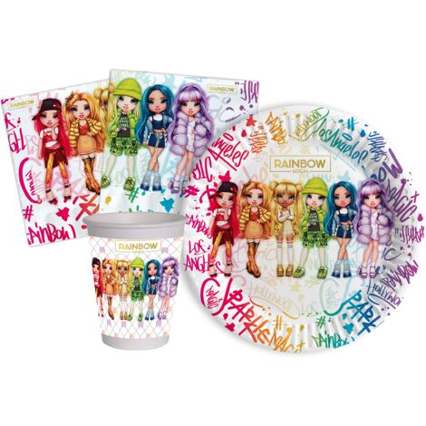 Kit Party Tavola Rainbow High per 24 persone (88 pezzi: 24 piatti Ø18cm, 24 bicchieri 200ml, 40 tovaglioli 33x33cm) in carta compostabile eco-friendly (1/4)