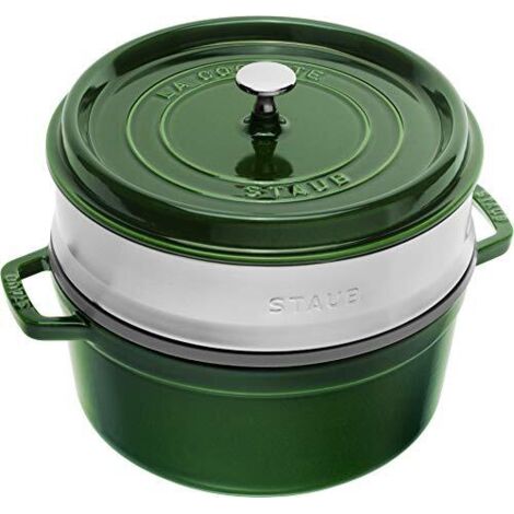 STAUB Casseruola/Cocotte in Ghisa, con Inserto per Cottura a Vapore, Tonda 26 cm, 5,2 litri, Interno della Pentola con Smaltatura Nera Opaca, Verde Basilico (1/4)