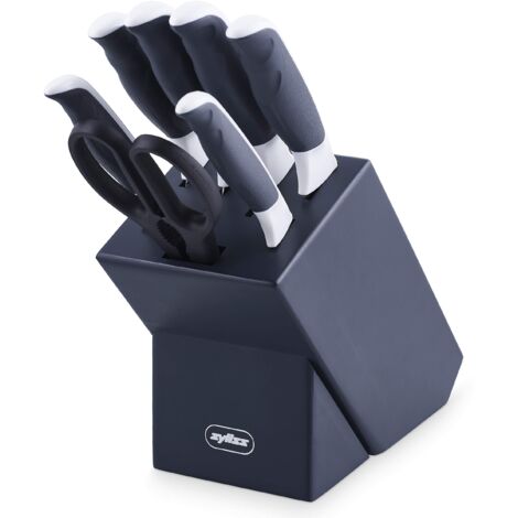 Zyliss E920263 Comfort Set di Coltelli da Cucina da 7 Pezzi con Ceppo, Acciaio Inossidabile Giapponese, Manico Grigio, Bianco, Coltelli da Cucina, Lavabili in Lavastoviglie