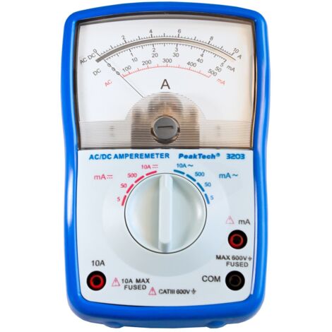 Peak Tech P 3203 amperometro analogico Cat III 600 V, max. 10 a AC/DC 5 ma/50 ma/500 ma/10 a AC DC strumento analogico per casa, auto, barca, frecce e Hobby