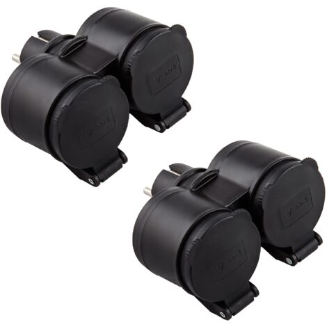 Electraline 92388 Confezione da 2 Adattatori da Esterno 2 prese Schuko, Resistente all'acqua IP44, Spina tedesca, Multipresa 2 posti schuko con tappo, Nero