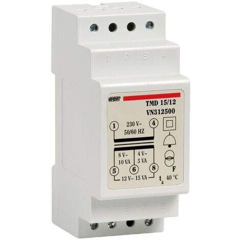 VEMER VN312500 TMD 15/12 - Trasformatore 12V per Campanelli, Installazione su Barra Din, Tensione Primario 230V, Tensione Secondario 4-8-12V, Potenza 15VA, Bianco