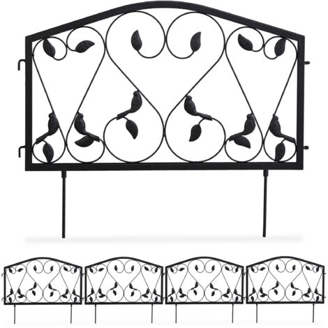 Relaxdays Recinzione da Giardino, Set 4 Pareti per Sentieri, Bordure per Aiuole Ferro Design a Foglie, 33x225 cm, Nero