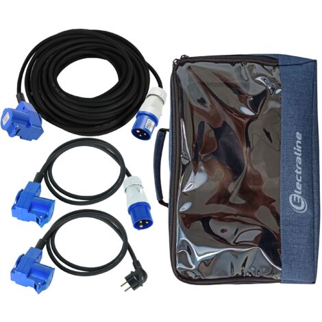Electraline Set Campeggio IP44, Prolunga Industriale in Gomma 10 m e Adattatore 1,5 m (Doppia Presa Schuko e CEE, Spina CEE), Cordone 1,5 m (Doppia Presa Schuko e CEE, Spina Schuko), Box Organizer