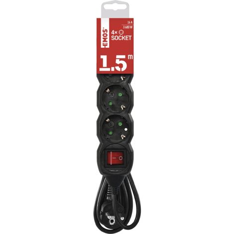 EMOS - Ciabatta elettrica a 4 prese 1,5 m - con interruttore - 4 prese Schuko ruotate 45° - 250 V, 16 A, 3680 W - Isolamento in PVC - H05VV-F3G 1,5 mm2 - Maggiore protezione da contatto - IP20 per