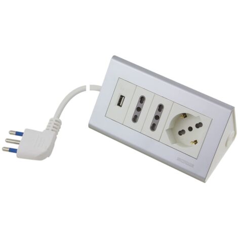 POLY POOL  PP2594XAM Multipresa Elettrica da Scrivania 2 Prese Bivalenti e 1 Presa 10A/16A Ciabatta Multipresa da 250V Presa Multipla con USB Ciabatta da Scrivania di Colore Bianco