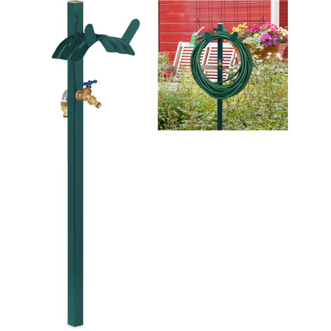 Relaxdays – Avvolgitubo da giardino verde – Fontana portatubo autoportante per tubi fino a 45 m – 2 adattatori 1/2” – Altezza 107,5 cm (1/6)