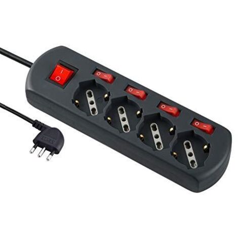 Electraline 61912 Multipresa 4 Posti Polivalenti Schuko, 4 Interruttori Indipendenti, 4 Prese Universali, Cavo di 1.5 m, Nero (1/3)