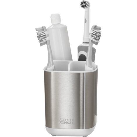 Joseph Joseph EasyStore- Porta Spazzolino e Dentifricio, Compatibile con Spazzolini Elettrici e Tradizionali, 3 Scomparti, Contenitore da Bagno Smontabile- Medio, Acciaio Inox (1/5)