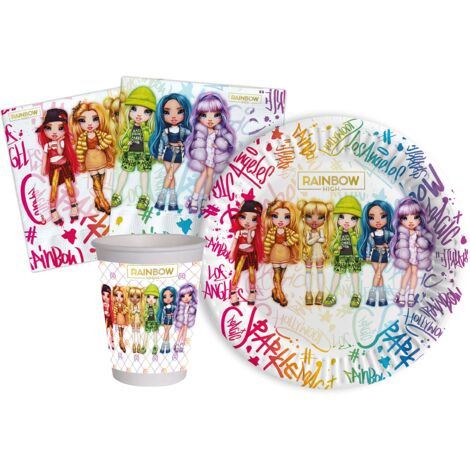 Kit Party Tavola Rainbow High per 8 persone (36 pezzi: 8 piatti Ø18cm, 8 bicchieri 200ml, 20 tovaglioli 33x33cm) in carta compostabile eco-friendly (1/5)