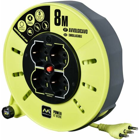 Masterplug Pro-XT Avvolgicavo 8 metri, 4 Prese EU Schuko, Prolunga Elettrica 16A, Protezione Termica, Cavo Alta Visibilità